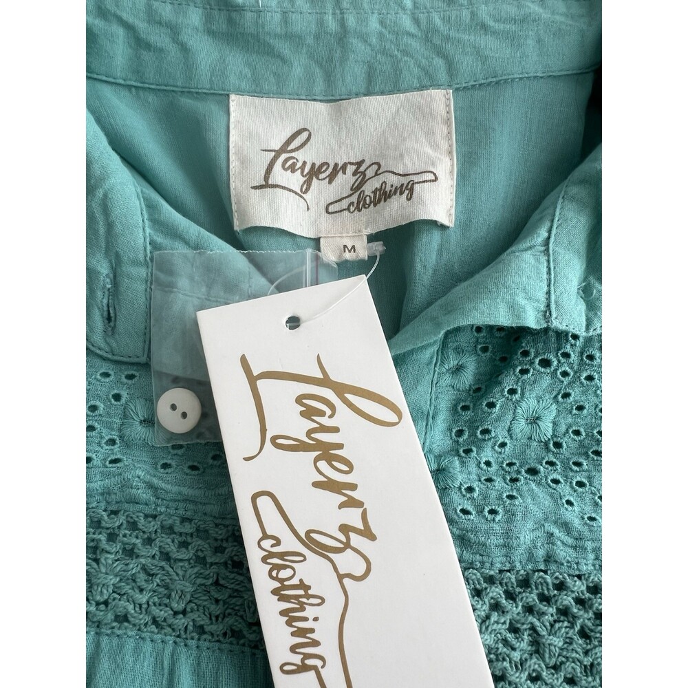 Layerz NWT 100% Cotton Collared Shirt Dress Flowy Gauzy Eyelet Seafoam Green M - Picture 5 of 12